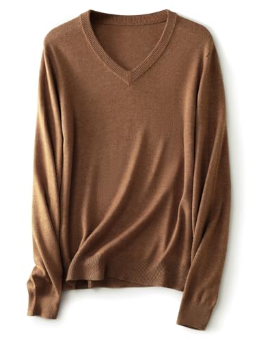 Ciovkis Damen Merinowolle Mischung Pullover Herbst Winter V-Ausschnitt Lange Ärmel First-Line Tragefertig Nahtloser Strickpullover (Braun,M) von Ciovkis