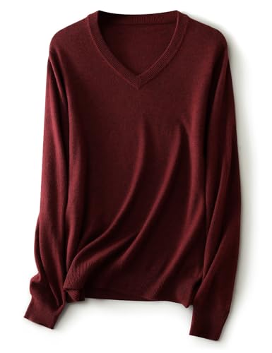 Ciovkis Damen Merinowolle Mischung Pullover Herbst Winter V-Ausschnitt Lange Ärmel First-Line Tragefertig Nahtloser Strickpullover (Dunkelrot,M) von Ciovkis