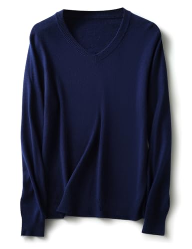 Ciovkis Damen Merinowolle Mischung Pullover Herbst Winter V-Ausschnitt Lange Ärmel First-Line Tragefertig Nahtloser Strickpullover (Navy Blau,XL) von Ciovkis