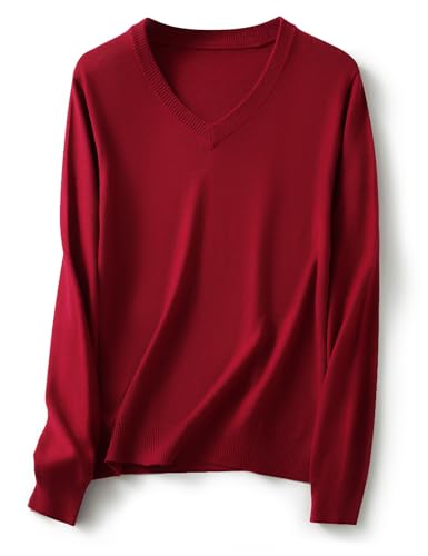 Ciovkis Damen Merinowolle Mischung Pullover Herbst Winter V-Ausschnitt Lange Ärmel First-Line Tragefertig Nahtloser Strickpullover (Rot,L) von Ciovkis
