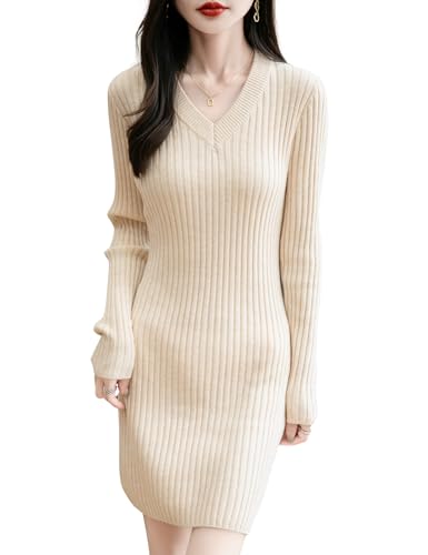 Ciovkis Damen Merinowolle Mischung Pulloverkleid 2025 Herbst Winter V-Ausschnitt Freizeitkleider Schmale Passform Langärm RIPP Strickkleid (Beige5004,XL) von Ciovkis