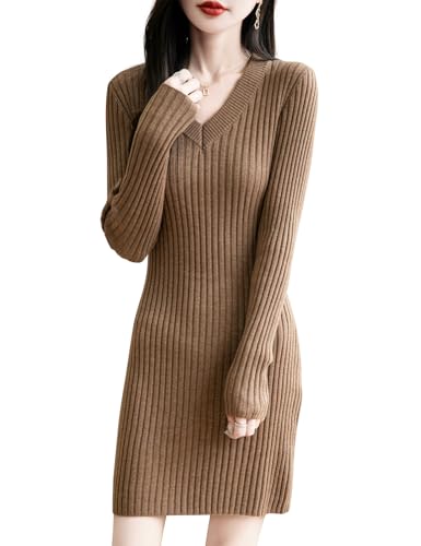 Ciovkis Damen Merinowolle Mischung Pulloverkleid 2025 Herbst Winter V-Ausschnitt Freizeitkleider Schmale Passform Langärm RIPP Strickkleid (Braun5202,S) von Ciovkis