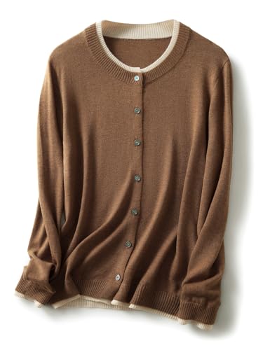 Ciovkis Damen Merinowolle Mischung Strickjacke 2025 Herbst Winter Gefälschter Zweiteiliger Rundhalsausschnitt langärmelige Strickjacke (Braun,XL) von Ciovkis