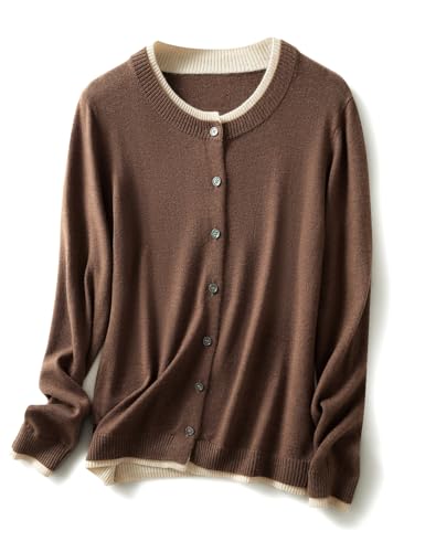 Ciovkis Damen Merinowolle Strickjacke 2025 Herbst Winter Gefälschter Zweiteiliger Rundhalsausschnitt langärmelige Strickjacke (Tan,L) von Ciovkis