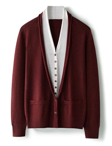 Ciovkis Damen Merinowolle Mischung Strickjacke 2025 Herbst Winter V-Ausschnitt Gefälschte Zweiteilige Langärmelig Strickjacke (Dunkelrot,XL) von Ciovkis