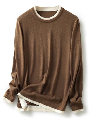 Ciovkis Damen Pullover aus Merinowolle Mischung Fake-Zweiteiler 2025 Herbst Winter Rundhalspullover Langarm Strickpullover with Anti-Pilling (Braun,S) von Ciovkis
