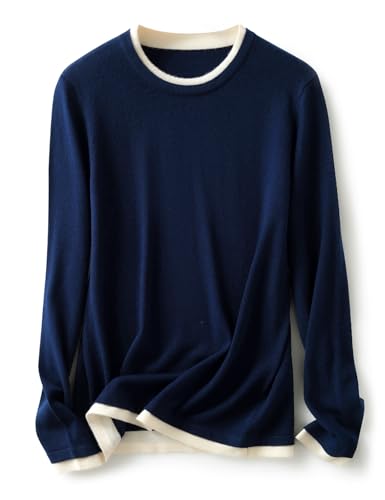 Ciovkis Damen Pullover aus Merinowolle Mischung Fake-Zweiteiler 2025 Herbst Winter Rundhalspullover Langarm Strickpullover with Anti-Pilling (Navy Blau,XL) von Ciovkis