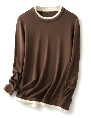 Ciovkis Damen Pullover aus Merinowolle Mischung Fake-Zweiteiler 2025 Herbst Winter Rundhalspullover Langarm Strickpullover with Anti-Pilling (Tan,S) von Ciovkis