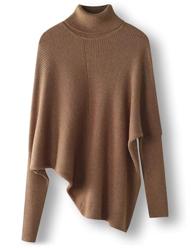 Ciovkis Damen-Pullover aus Merinowolle Mischung Oversize-Stil 2025 Herbst Winter Rollkragen gerippte Fledermausärmel(Braun,L) von Ciovkis
