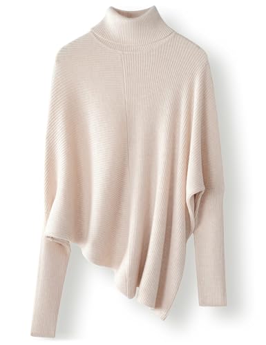 Ciovkis Damen-Pullover aus Merinowolle Mischung Oversize-Stil 2025 Herbst Winter Rollkragen gerippte Fledermausärmel(Beige,L) von Ciovkis