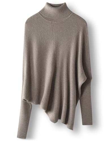 Ciovkis Damen-Pullover aus Merinowolle Mischung Oversize-Stil 2025 Herbst Winter Rollkragen gerippte Fledermausärmel(Hellbraun Grau,M) von Ciovkis