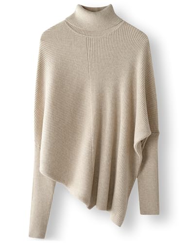 Ciovkis Damen-Pullover aus Merinowolle Mischung Oversize-Stil 2025 Herbst Winter Rollkragen gerippte Fledermausärmel(Helle Aprikose,XL) von Ciovkis