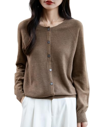 Ciovkis Damen Strickjacken aus Merinowolle Mischung 2025 Herbst Winter Rundhals Langarm Nahtlos Strickjacken(Braun5202,M) von Ciovkis
