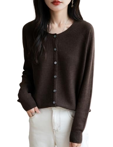 Ciovkis Damen Strickjacken aus Merinowolle Mischung 2025 Herbst Winter Rundhals Langarm Nahtlos Strickjacken(Kaffee5008,M) von Ciovkis