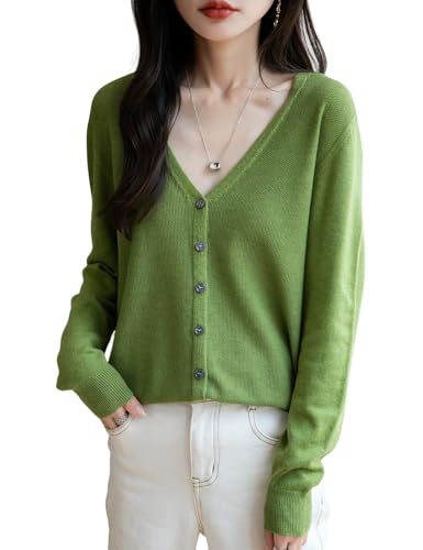 Ciovkis Damen Strickjacken aus Merinowolle Mischung 2025 Herbst Winter V-Ausschnitt Langarm Nahtlos Strickjacken(Grasgrün5230,M) von Ciovkis