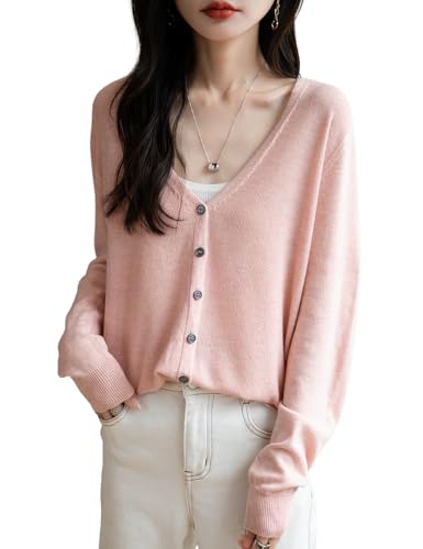Ciovkis Damen Strickjacken aus Merinowolle 2025 Herbst Winter V-Ausschnitt Langarm Nahtlos Strickjacken(Rosa5185,XL) von Ciovkis