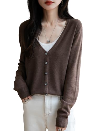 Ciovkis Damen Strickjacken aus Merinowolle Mischung 2025 Herbst Winter V-Ausschnitt Langarm Nahtlos Strickjacken(Tan5007,S) von Ciovkis