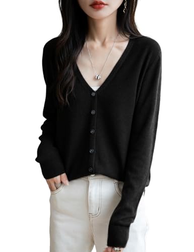 Ciovkis Damen Strickjacken aus Merinowolle Mischung 2025 Herbst Winter V-Ausschnitt Langarm Nahtlos Strickjacken(Schwarz,M) von Ciovkis