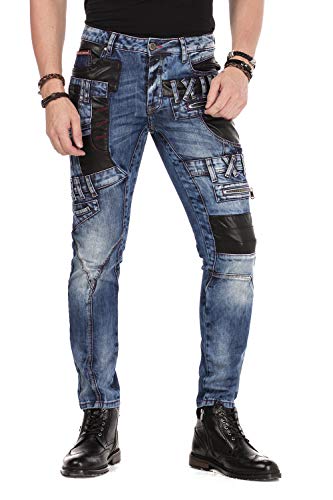 Cipo Baxx Herren Denim Jeans Hose Ausgefallen Dicke Naht Used Look Kunstleder-Applikationen Slim Fit Jeans Hose Blau W30 L 32 von Cipo & Baxx