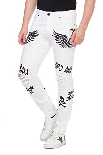 Cipo Baxx Herren Jeans Destroyed Slim Fit Design Hose Stylische Hose mit Print und Totenkopf Weiß W31 L32 von Cipo & Baxx