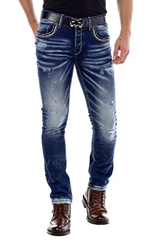 Cipo Baxx Herren Jeans Hose Ripped Denim Straight Fit Used Look Destroyed Hose Blau W31 L34 von Cipo & Baxx