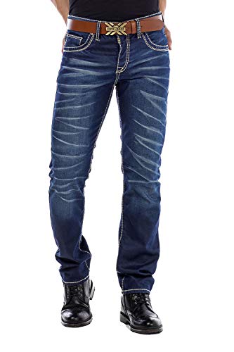 Cipo Baxx Herren Jeans Hose Used Look Röhrenjeans Straight Fit Kontrastnähte Denim Dunkelblau W32 L32 von Cipo & Baxx