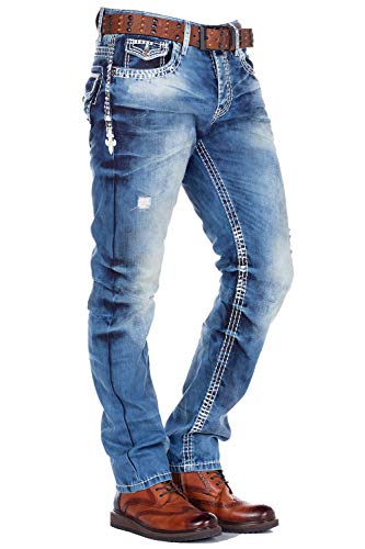 Cipo & Baxx Herren Jeanshose Dicke Naht Straight Fit Denim Frayed Hose Stickerei CD149 W31 L32 Blau von Cipo & Baxx