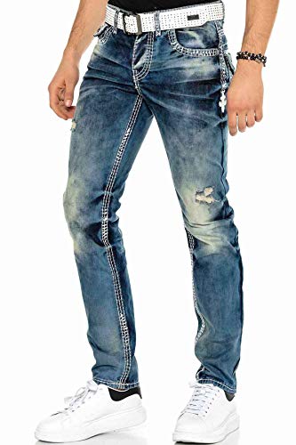 Cipo Baxx Herren Jeanshose Dicke Naht Straight Fit Denim Frayed Hose Stickerei CD149 W34 L32 Blau von Cipo & Baxx