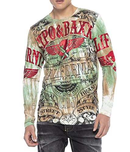 Cipo Baxx Herren Langarmshirt Longsleeve Batik Waschung Sweater Sweatshirt Pullover Biker Allover Print Grün-Braun S von Cipo & Baxx