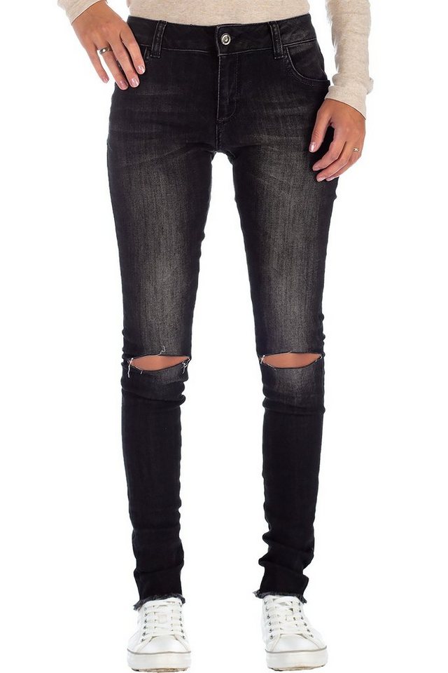 Cipo & Baxx 5-Pocket-Jeans Damen Slim Fit Jeans Stonewashed BA-19CB05 mehrfarbig W32/L34 (1-tlg) mit Knielöchern und Ausgefranstem Saum von Cipo & Baxx