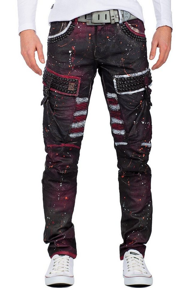 Cipo & Baxx 5-Pocket-Jeans Herren straight fit Biker Hose Mid Waist BA-CD636 Bordeaux (1-tlg) mit Nieten und Seitentaschen von Cipo & Baxx