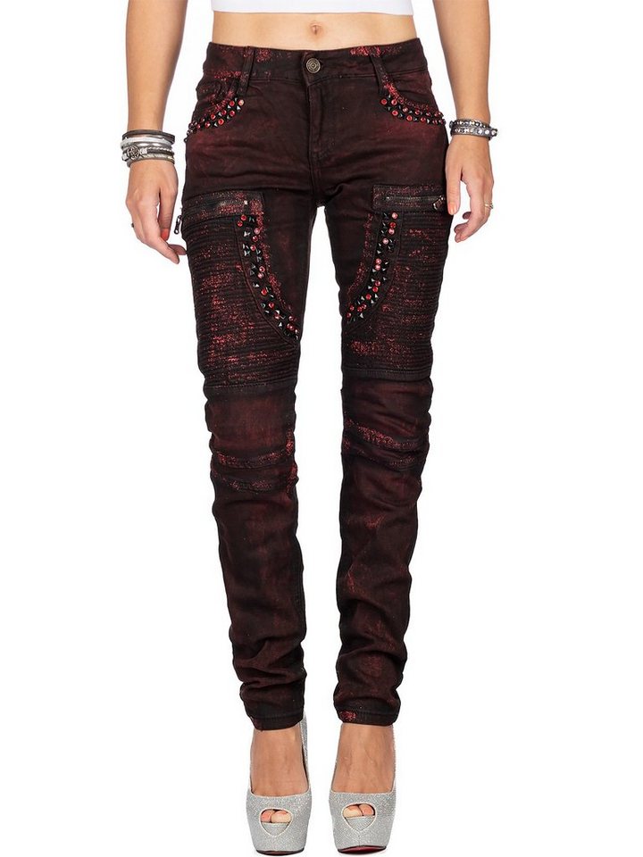 Cipo & Baxx Bikerjeans Cipo & Baxx Damen Jeans BA-WD388 Bikerjeans mit Nieten und Strasssteinen von Cipo & Baxx