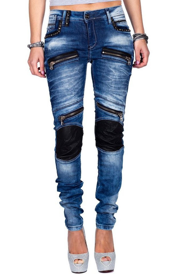 Cipo & Baxx Bikerjeans Damen Skinny Fit Hose Stonewashed BA-WD346 Blue W28/L34 Besonderer Kniebereich von Cipo & Baxx