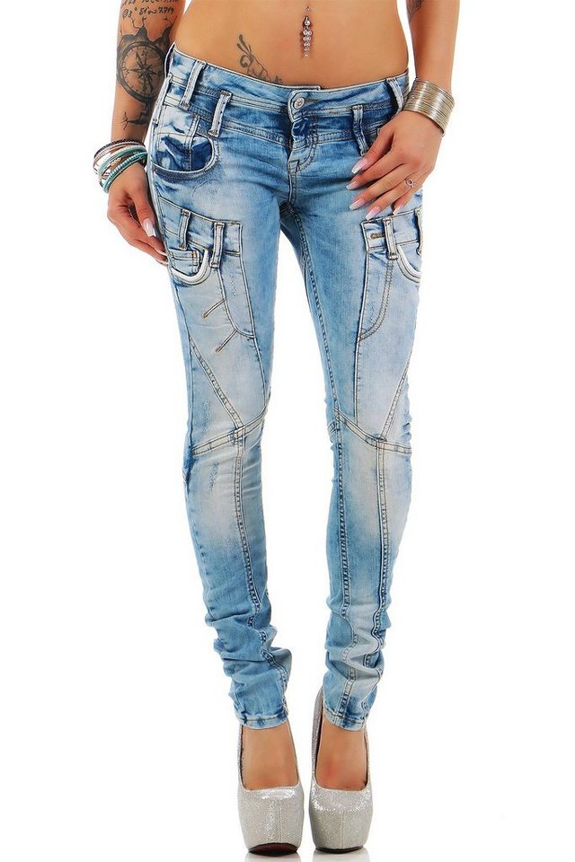 Cipo & Baxx Bikerjeans Damen slim fit Hose Stonewashed BA-WD216 Blue W26/L34 mit Verzierungen und Zusätzlichen Taschen von Cipo & Baxx