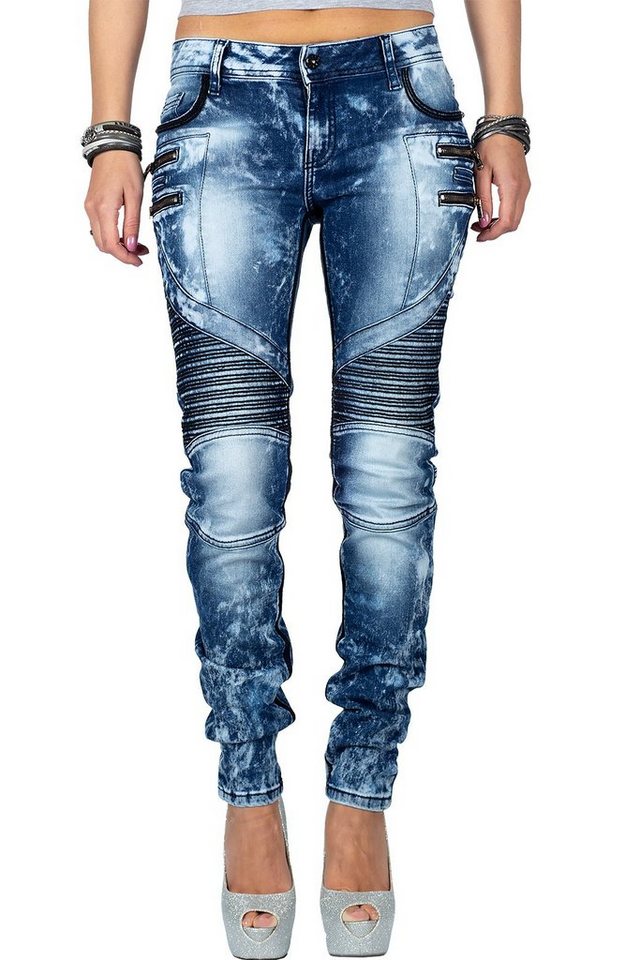 Cipo & Baxx Bikerjeans Damen slim fit Hose Stonewashed BA-WD361 Besondere Strassknöpfe von Cipo & Baxx
