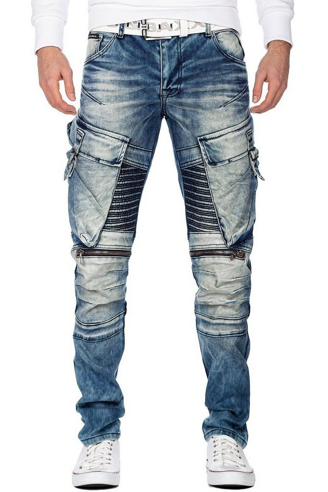 Cipo & Baxx Bikerjeans Herren regular fit Hose Stonewashed BA-CD523 Aufwendiges Cargo-Design mit Rippenmuster und Cipo Baxx Metallpatch von Cipo & Baxx