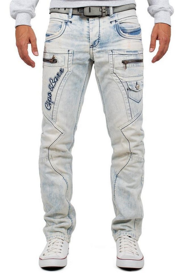 Cipo & Baxx Bikerjeans Herren regular fit Hose Stonewashed BA-CD272 Blue W38/L34 mit Verzierungen und Reißverschlüssen von Cipo & Baxx