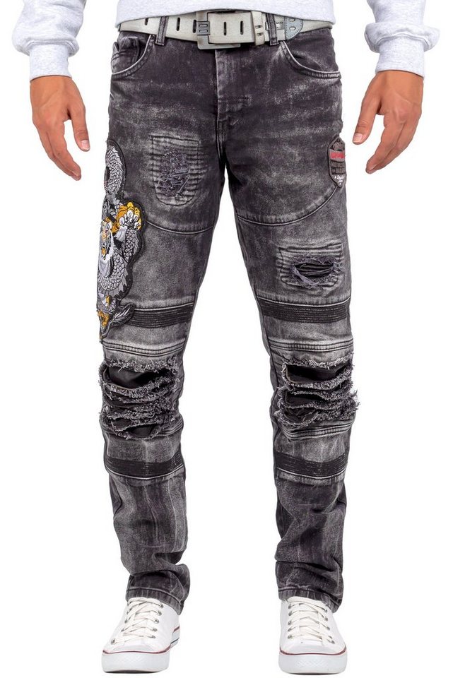 Cipo & Baxx Bikerjeans Freizeit Hose BA-CD486 mit Tiger Drachen Patch am Oberschenkel von Cipo & Baxx