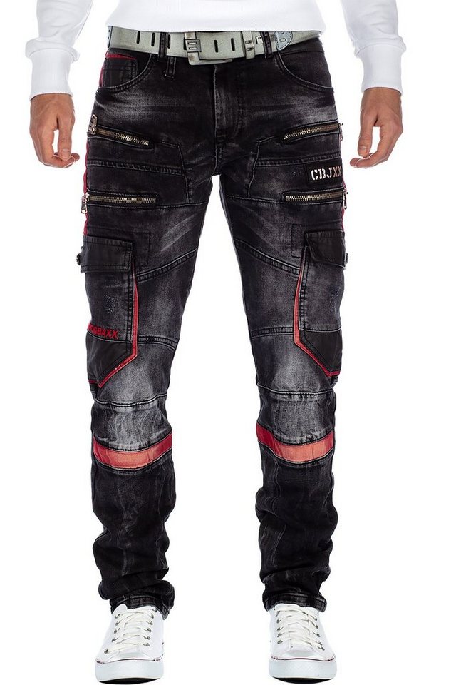 Cipo & Baxx Bikerjeans Herren straight fit Hose Stonewashed BA-CD561 4 Zipper und Cargostil Seitentaschen von Cipo & Baxx