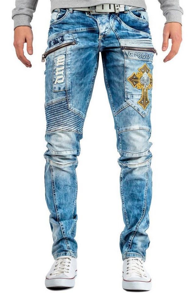 Cipo & Baxx Bikerjeans Herren regular fit Jeans Stonewashed BA-CD293 mehrfarbig W33/L32 mit Kreuz Aufnäher und Rippenmuster von Cipo & Baxx