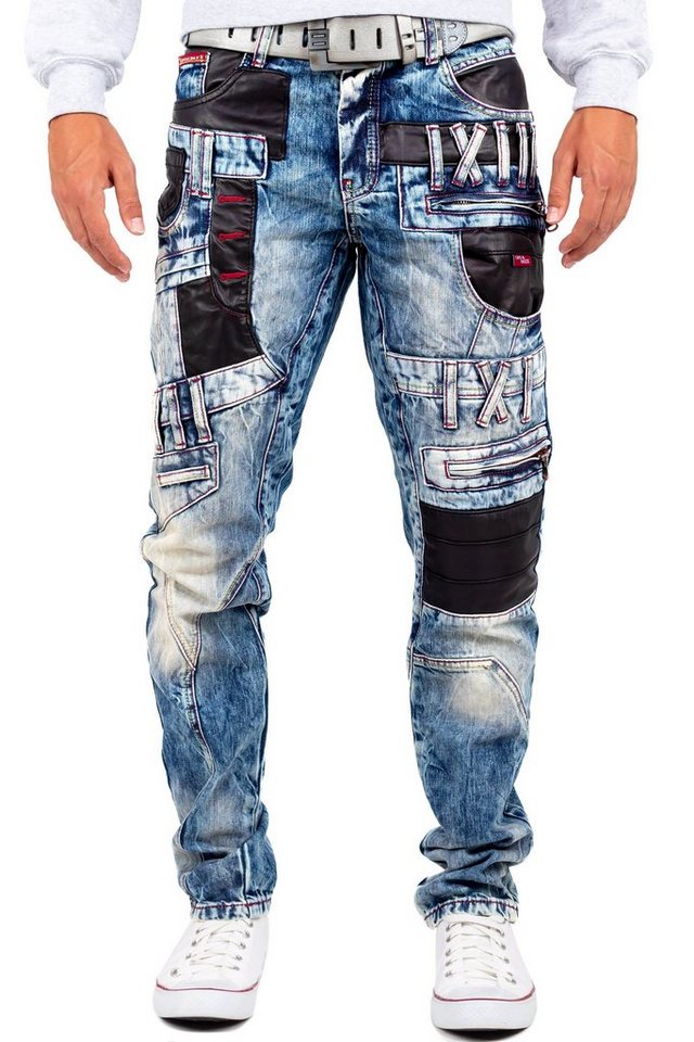 Cipo & Baxx Bikerjeans Herren regular fit Jeans Stonewashed BA-CD482 mehrfarbig W42/L32 mit Kunstleder Bereichen und Verzierungen von Cipo & Baxx