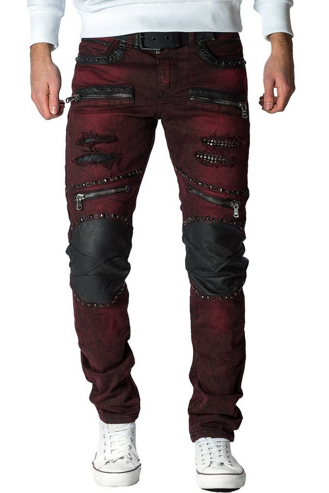 Cipo & Baxx Bikerjeans Herren slim fit Hose Stonewashed BA-CD48/1 Bordeaux W38/L32 mit Kunstleder Bereichen und Nieten von Cipo & Baxx