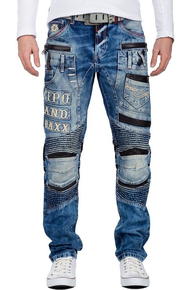 Cipo & Baxx Bikerjeans Herren slim fit Hose Stonewashed BA-CD637 Blue W42/L34 mit Lederpatches und Nieten von Cipo & Baxx