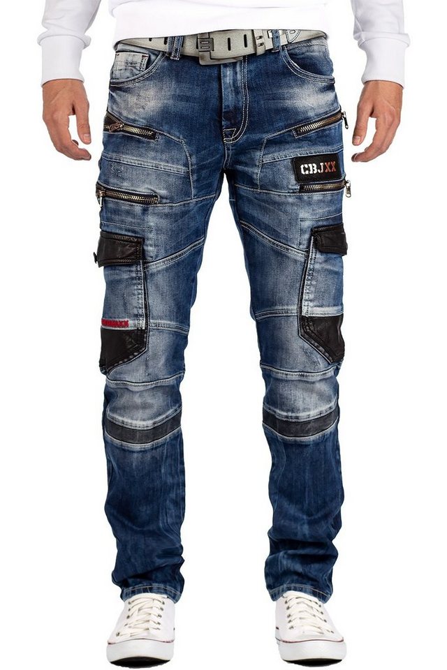 Cipo & Baxx Bikerjeans Herren straight fit Hose Stonewashed BA-CD586 Blue W31/L34 4 Zipper und Cargostil Seitentaschen von Cipo & Baxx