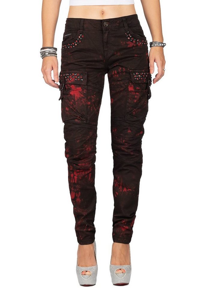 Cipo & Baxx Bikerjeans Damen Regular Fit Hose BA-WD385 Bordeaux W26/L32 Besonderes Design mit Nieten und Auffälligen Verzierungen von Cipo & Baxx