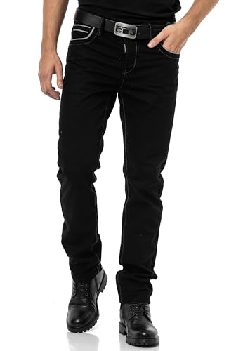 Cipo & Baxx Herren Jeans CD148 – Regular Fit Straight Jeans Hose, Modern Denim Schwarz mit Kontrastnähten, Bequeme Herren Freizeithose im trendigen Design - CD148-BK-W32-L34 von Cipo & Baxx
