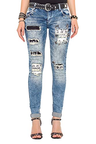 Cipo & Baxx Damen Ankle-Jeans Slim Fit Destroyed Ausgefranst 7/8 Länge Jeanshose mit Nieten und Ziersteine, Blau, 28 von Cipo & Baxx