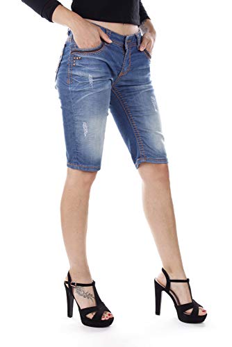 Cipo & Baxx Damen Capri Bermuda Jeansshorts Kurze Hose Denim Jeans Shorts Freizeit Casual Nieten Nähten WK144 Blau W27 von Cipo & Baxx