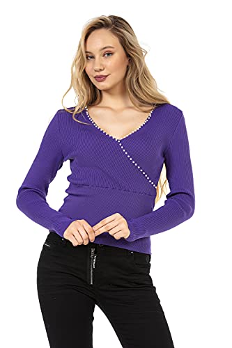 Cipo & Baxx Damen Feinstrick Pullover Pulli V-Aussschnitt Langarm Strick Perlen WP207 Lila S von Cipo & Baxx