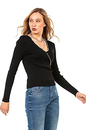 Cipo & Baxx Damen Feinstrick Pullover Pulli V-Aussschnitt Langarm Strick Perlen WP207 Schwarz L von Cipo & Baxx